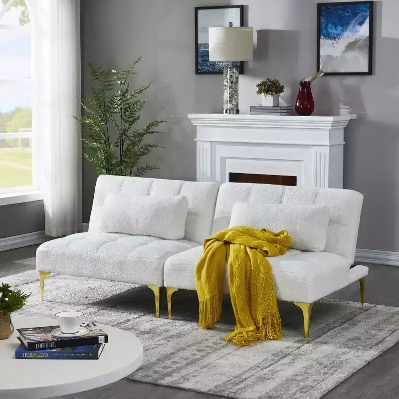 MAYEERTY Canapé Futon Confortable en Tissu Teddy avec Pieds en Métal Doré, Mousse et Ressorts pour Salon Blanc
