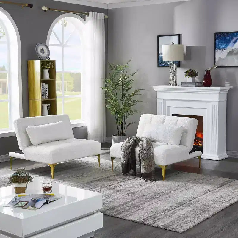 MAYEERTY Canapé Futon Confortable en Tissu Teddy avec Pieds en Métal Doré, Mousse et Ressorts pour Salon Blanc