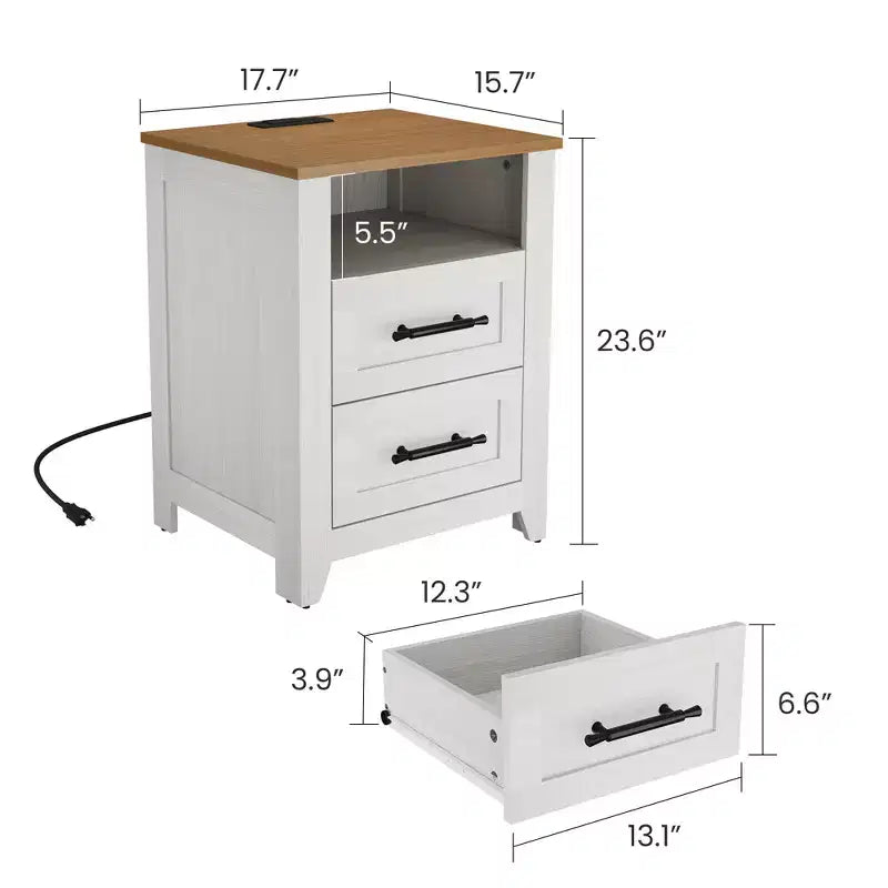Table de chevet de ferme avec station de recharge 2 tiroirs et étagère ouverte, ports USB/Type-C/prises CA, table d'appoint pour chambre à coucher, salon
