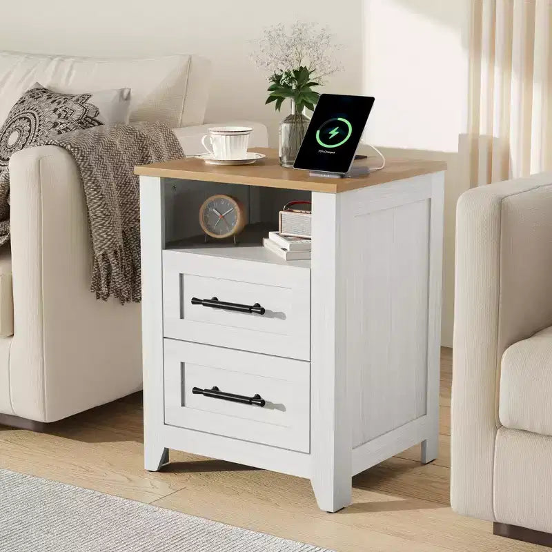 Table de chevet de ferme avec station de recharge 2 tiroirs et étagère ouverte, ports USB/Type-C/prises CA, table d'appoint pour chambre à coucher, salon