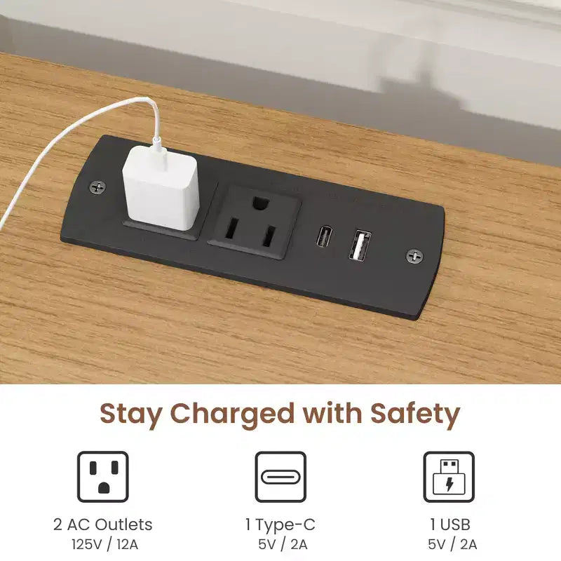 Table de chevet de ferme avec station de recharge 2 tiroirs et étagère ouverte, ports USB/Type-C/prises CA, table d'appoint pour chambre à coucher, salon