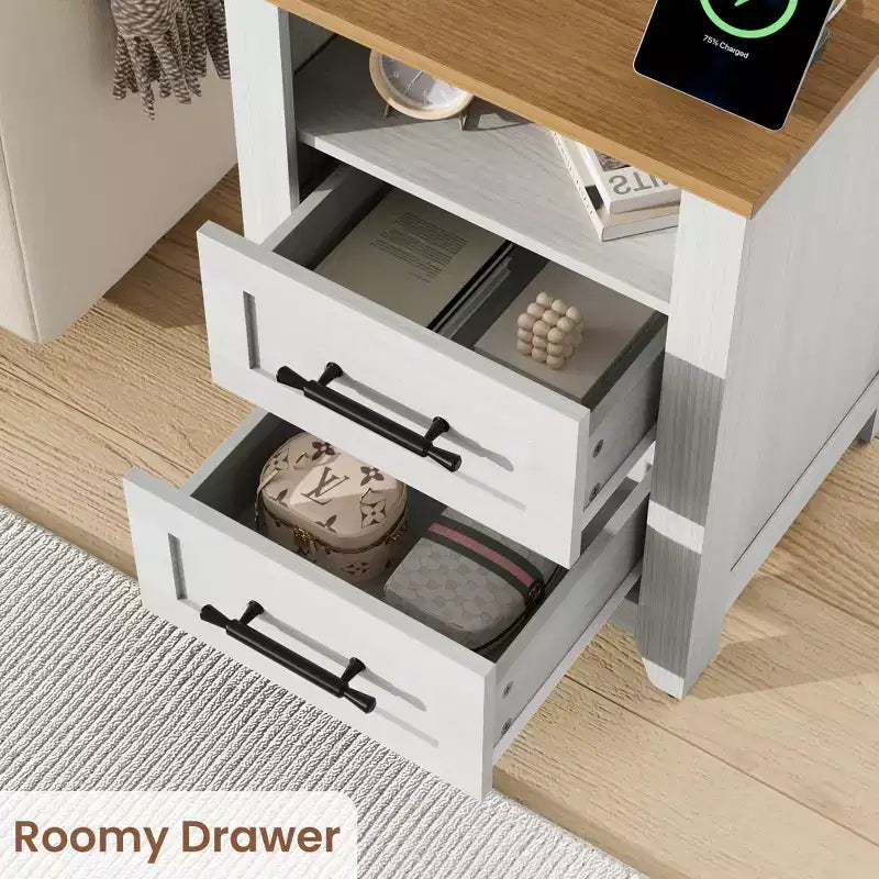 Table de chevet de ferme avec station de recharge 2 tiroirs et étagère ouverte, ports USB/Type-C/prises CA, table d'appoint pour chambre à coucher, salon
