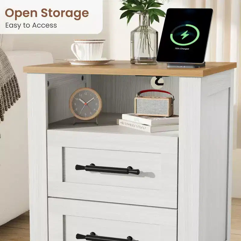 Table de chevet de ferme avec station de recharge 2 tiroirs et étagère ouverte, ports USB/Type-C/prises CA, table d'appoint pour chambre à coucher, salon