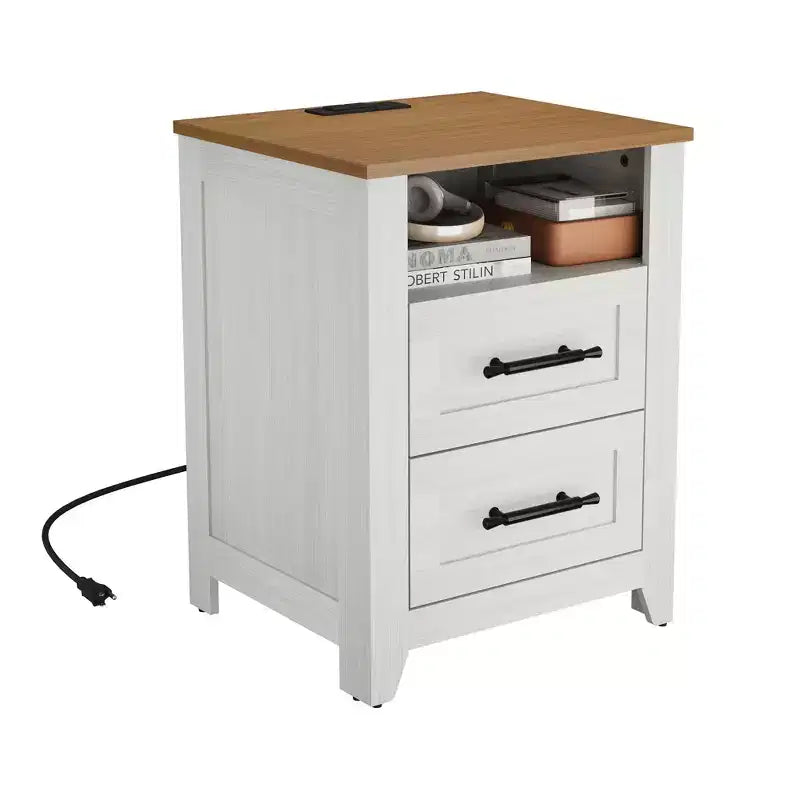 Table de chevet de ferme avec station de recharge 2 tiroirs et étagère ouverte, ports USB/Type-C/prises CA, table d'appoint pour chambre à coucher, salon