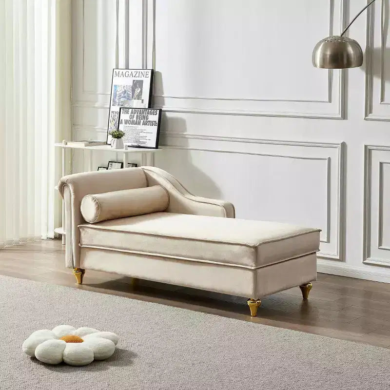 MAYEERTY Canapé méridienne en velours avec pieds en métal doré et oreiller rond pour le salon, beige