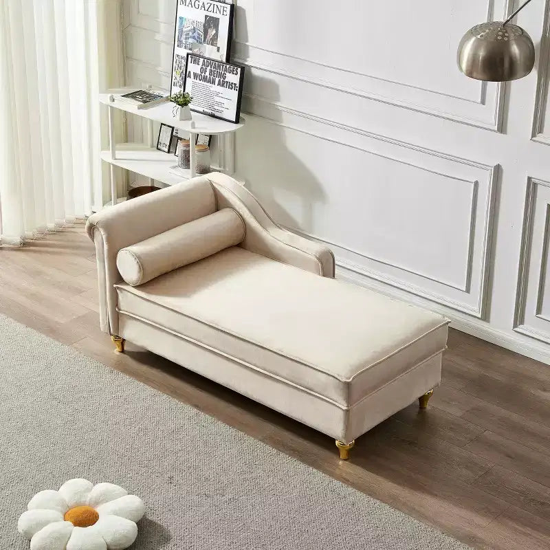 MAYEERTY Canapé méridienne en velours avec pieds en métal doré et oreiller rond pour le salon, beige