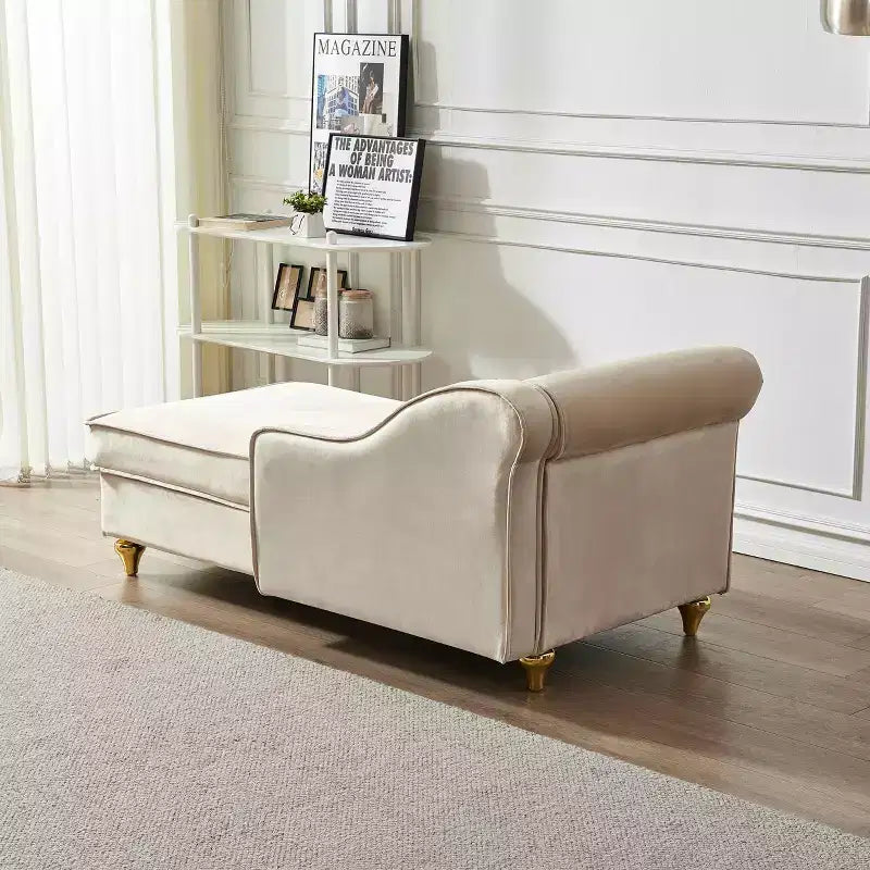 MAYEERTY Canapé méridienne en velours avec pieds en métal doré et oreiller rond pour le salon, beige