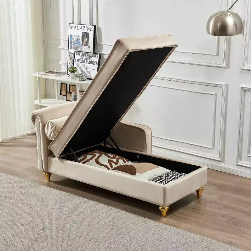MAYEERTY Canapé méridienne en velours avec pieds en métal doré et oreiller rond pour le salon, beige