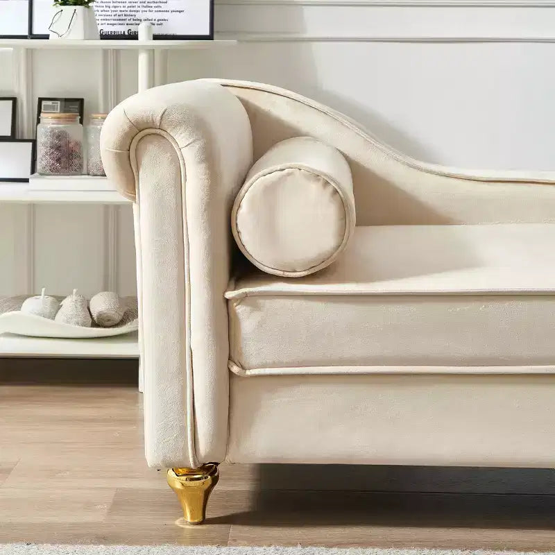 MAYEERTY Canapé méridienne en velours avec pieds en métal doré et oreiller rond pour le salon, beige
