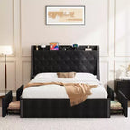 Cadre de lit plateforme capitonné Grand lit/Très grand lit avec tête de lit de chargement et 4 tiroirs de rangement - Tissu en lin avec garniture cloutée
