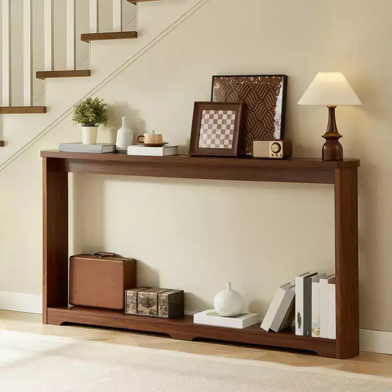JVNOXK Table d'appoint de rangement texturée ondulée de 70,1 pouces, design en bois étroit, idéale pour être placée derrière les canapés, parfaite pour les entrées. Noyer