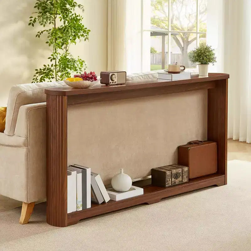 JVNOXK Table d'appoint de rangement texturée ondulée de 70,1 pouces, design en bois étroit, idéale pour être placée derrière les canapés, parfaite pour les entrées. Noyer