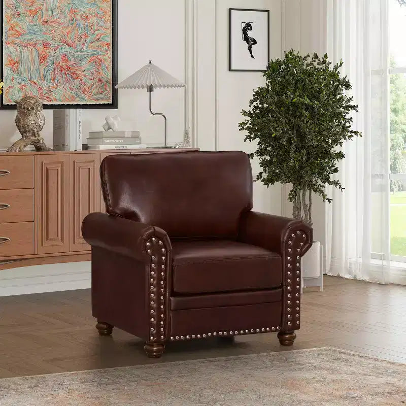 MAYEERTY Chaise canapé confortable en éponge à haute élasticité avec revêtement en cuir PU, clous argentés, cadre en métal massif pour salon, bordeaux