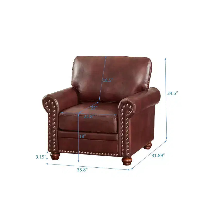 MAYEERTY Chaise canapé confortable en éponge à haute élasticité avec revêtement en cuir PU, clous argentés, cadre en métal massif pour salon, bordeaux