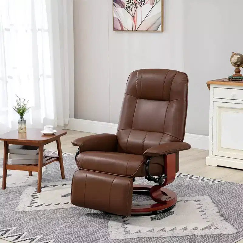Fauteuil inclinable manuel en similicuir HOMCOM, fauteuil de relaxation pivotant réglable avec repose-pieds, accoudoir et base en bois enveloppée pour salon