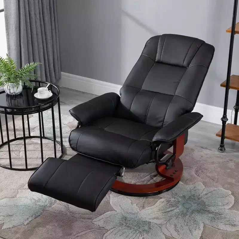 Fauteuil inclinable manuel en similicuir HOMCOM, fauteuil de relaxation pivotant réglable avec repose-pieds, accoudoir et base en bois enveloppée pour salon