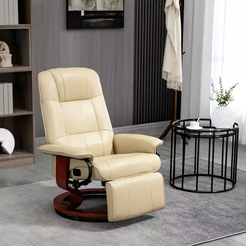 Fauteuil inclinable manuel en similicuir HOMCOM, fauteuil de relaxation pivotant réglable avec repose-pieds, accoudoir et base en bois enveloppée pour salon