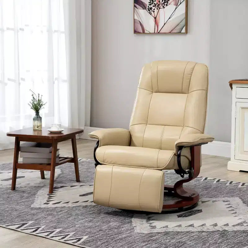 Fauteuil inclinable manuel en similicuir HOMCOM, fauteuil de relaxation pivotant réglable avec repose-pieds, accoudoir et base en bois enveloppée pour salon