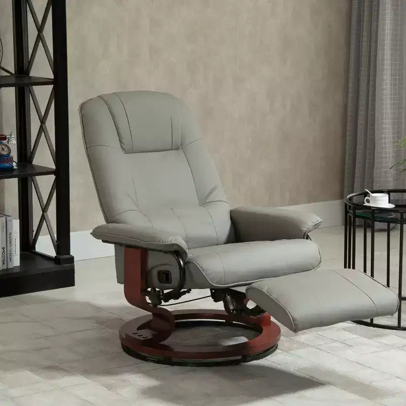 Fauteuil inclinable manuel en similicuir HOMCOM, fauteuil de relaxation pivotant réglable avec repose-pieds, accoudoir et base en bois enveloppée pour salon