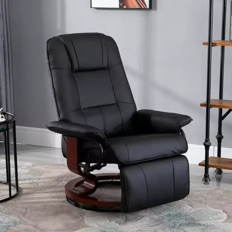 Fauteuil inclinable manuel en similicuir HOMCOM, fauteuil de relaxation pivotant réglable avec repose-pieds, accoudoir et base en bois enveloppée pour salon