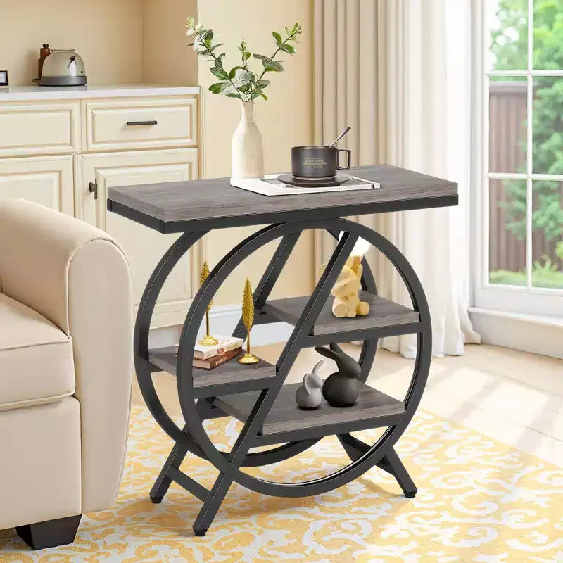 TUYOHW Industrial End Table,4-Tier Side Table with Rustic Brown Top & Black Metal Frame,Staggered Shelves