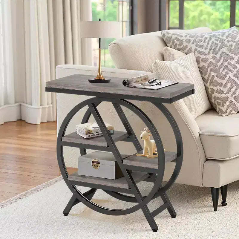 Table d'appoint industrielle TUYOHW, table de chevet à 4 niveaux avec plateau marron rustique et cadre en métal noir, étagères décalées