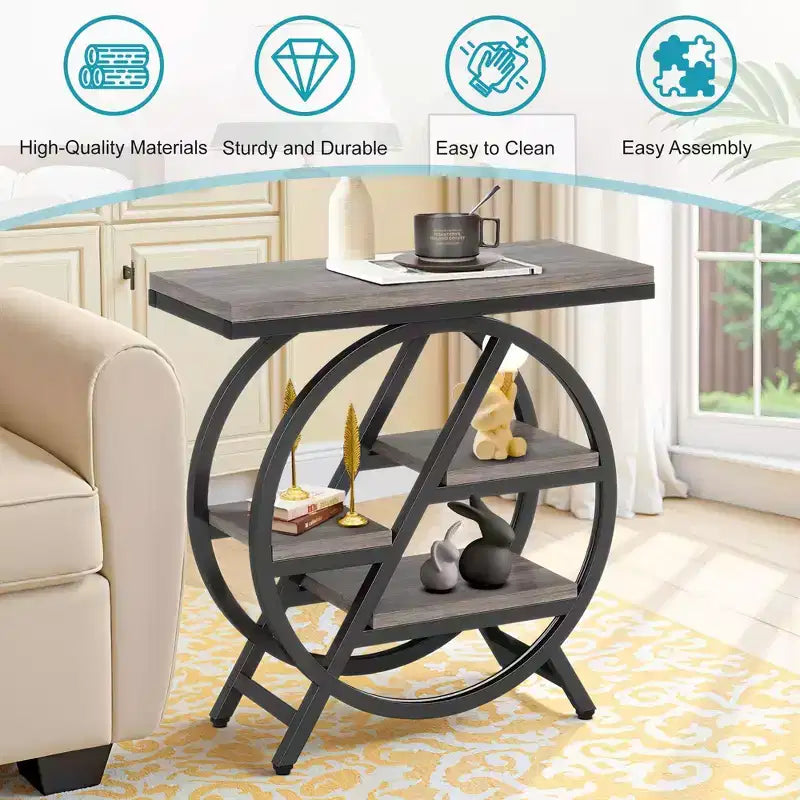 Table d'appoint industrielle TUYOHW, table de chevet à 4 niveaux avec plateau marron rustique et cadre en métal noir, étagères décalées