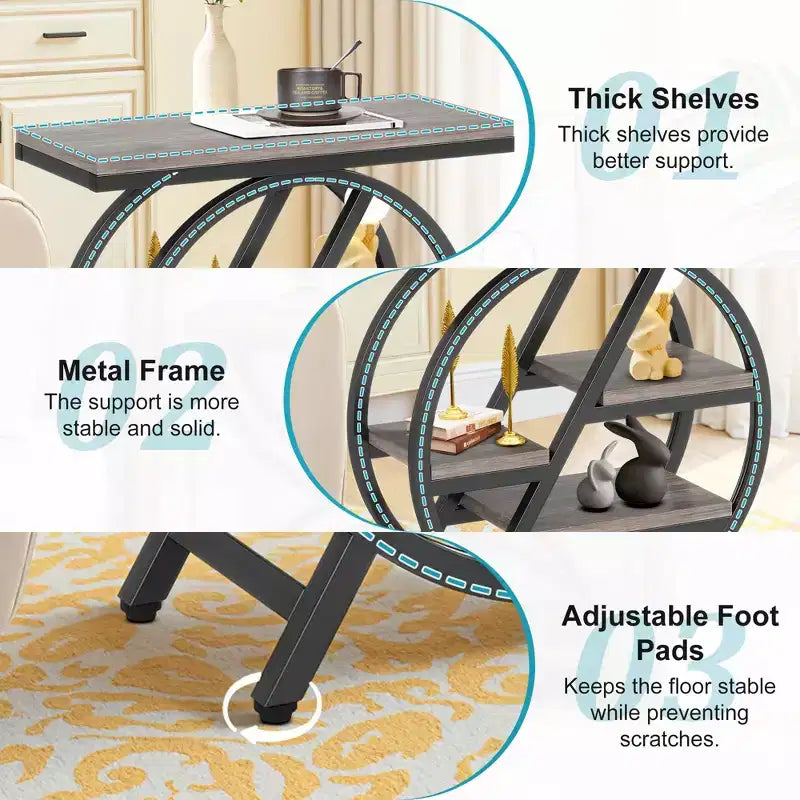 Table d'appoint industrielle TUYOHW, table de chevet à 4 niveaux avec plateau marron rustique et cadre en métal noir, étagères décalées