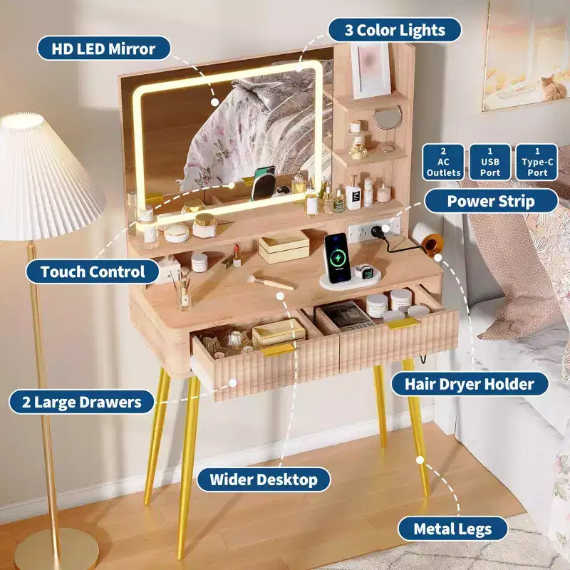 Coiffeuse avec miroir et lumières, table de maquillage en bois avec 2 tiroirs et station de charge, petite coiffeuse pour chambre à coucher, blanc