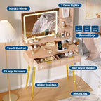 Coiffeuse avec miroir et lumières, table de maquillage en bois avec 2 tiroirs et station de charge, petite coiffeuse pour chambre à coucher, blanc