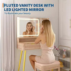 Coiffeuse avec miroir et lumières, table de maquillage en bois avec 2 tiroirs et station de charge, petite coiffeuse pour chambre à coucher, blanc