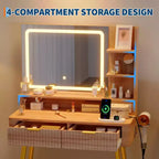 Coiffeuse avec miroir et lumières, table de maquillage en bois avec 2 tiroirs et station de charge, petite coiffeuse pour chambre à coucher, blanc