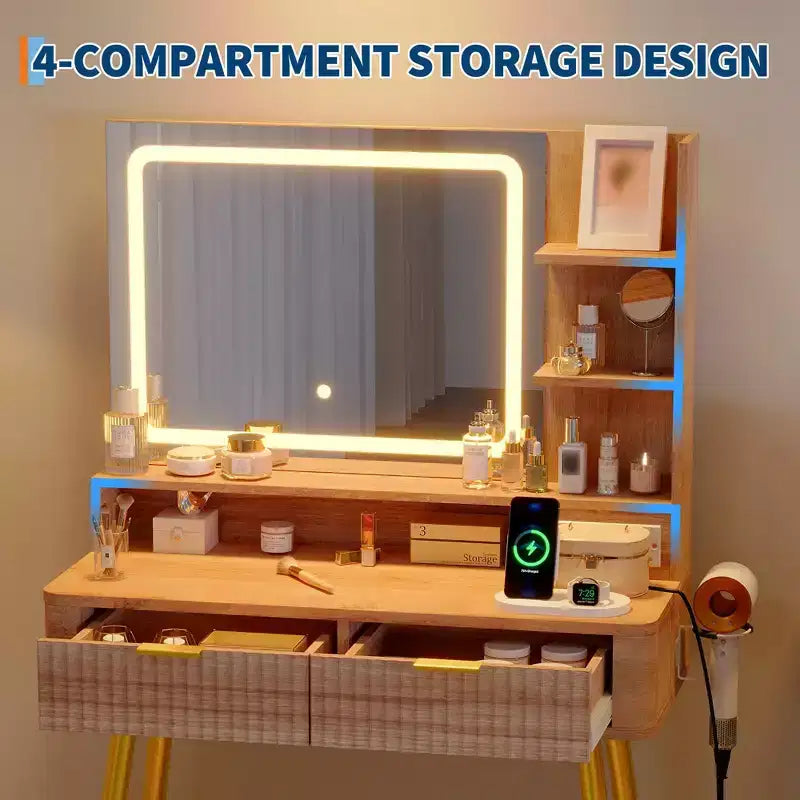 Coiffeuse avec miroir et lumières, table de maquillage en bois avec 2 tiroirs et station de charge, petite coiffeuse pour chambre à coucher, blanc
