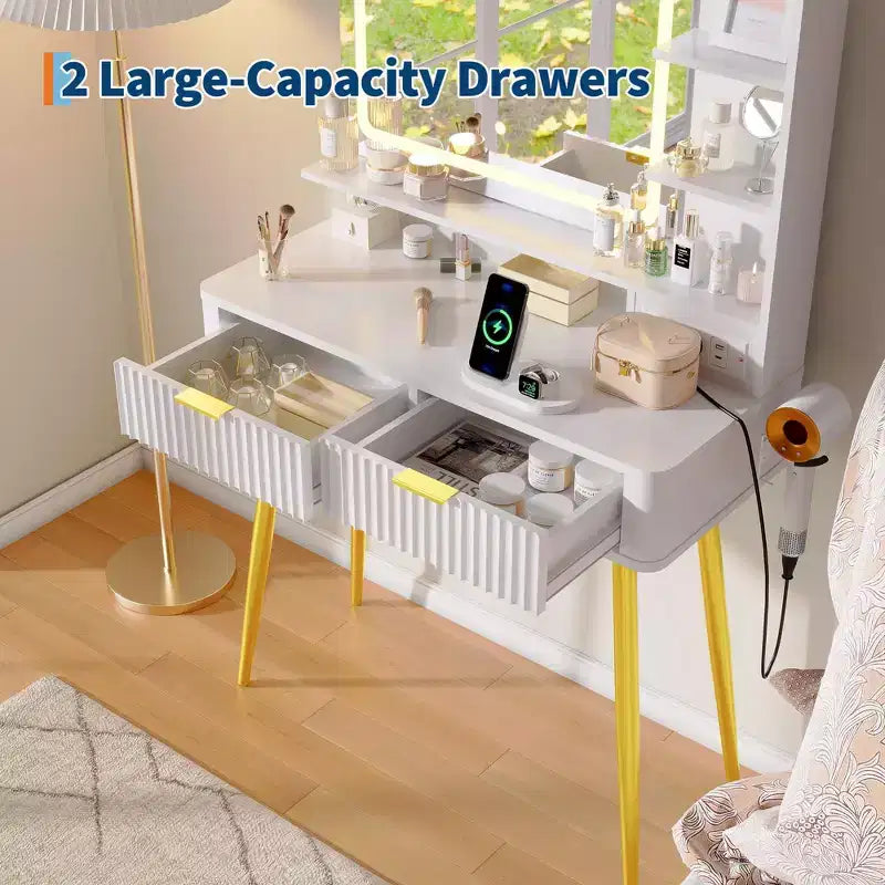 Coiffeuse avec miroir et lumières, table de maquillage en bois avec 2 tiroirs et station de charge, petite coiffeuse pour chambre à coucher, blanc