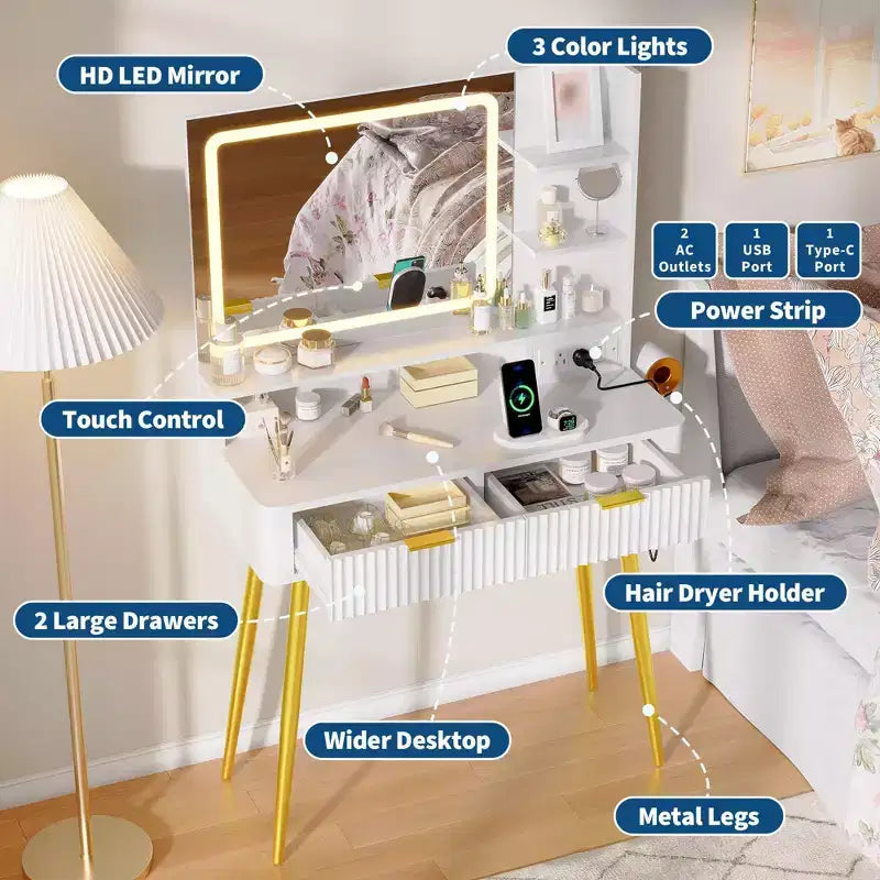 Coiffeuse avec miroir et lumières, table de maquillage en bois avec 2 tiroirs et station de charge, petite coiffeuse pour chambre à coucher, blanc