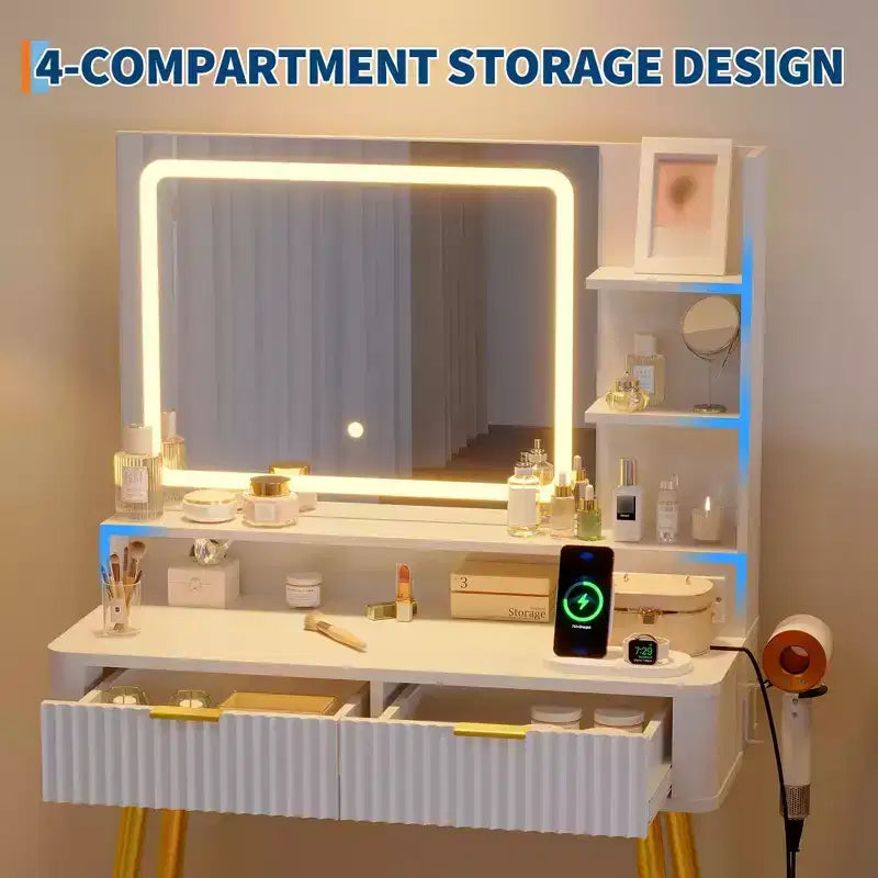 Coiffeuse avec miroir et lumières, table de maquillage en bois avec 2 tiroirs et station de charge, petite coiffeuse pour chambre à coucher, blanc