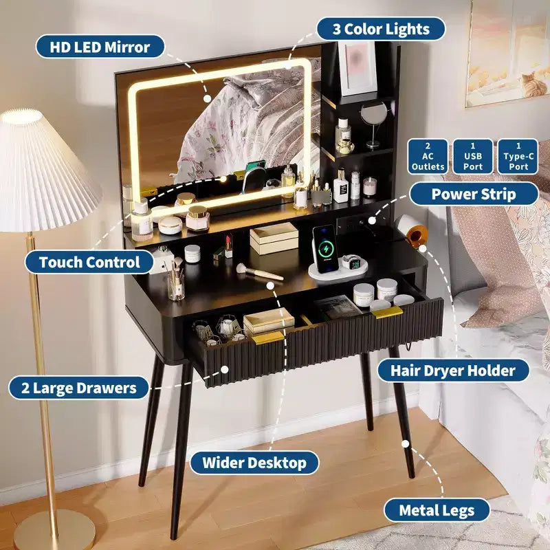 Coiffeuse avec miroir et lumières, table de maquillage en bois avec 2 tiroirs et station de charge, petite coiffeuse pour chambre à coucher, blanc