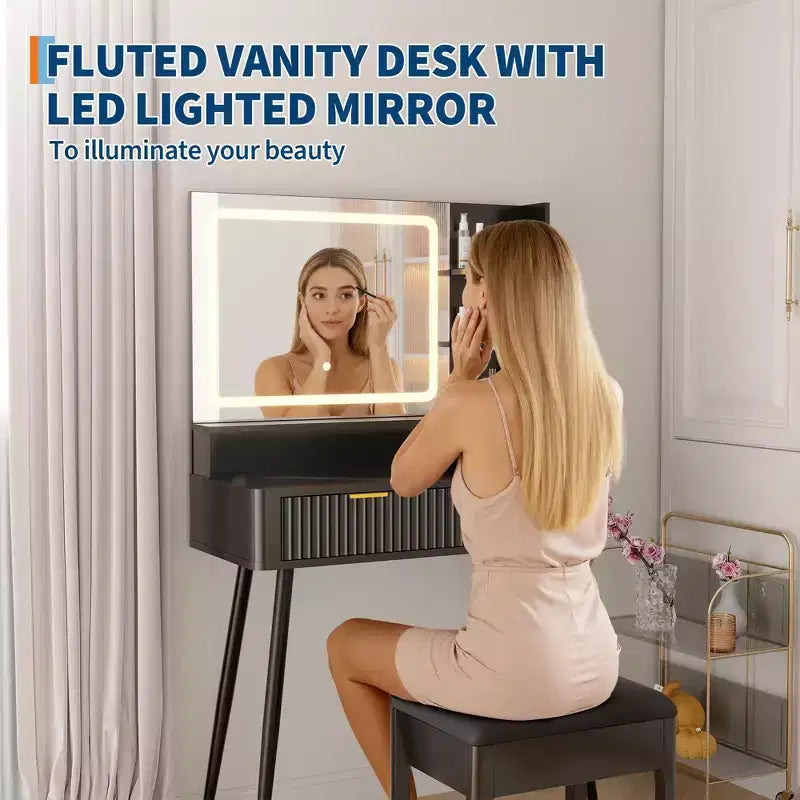 Coiffeuse avec miroir et lumières, table de maquillage en bois avec 2 tiroirs et station de charge, petite coiffeuse pour chambre à coucher, blanc