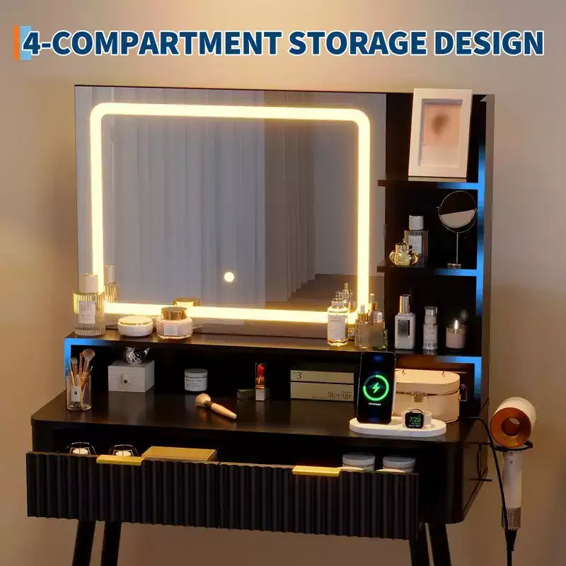 Coiffeuse avec miroir et lumières, table de maquillage en bois avec 2 tiroirs et station de charge, petite coiffeuse pour chambre à coucher, blanc