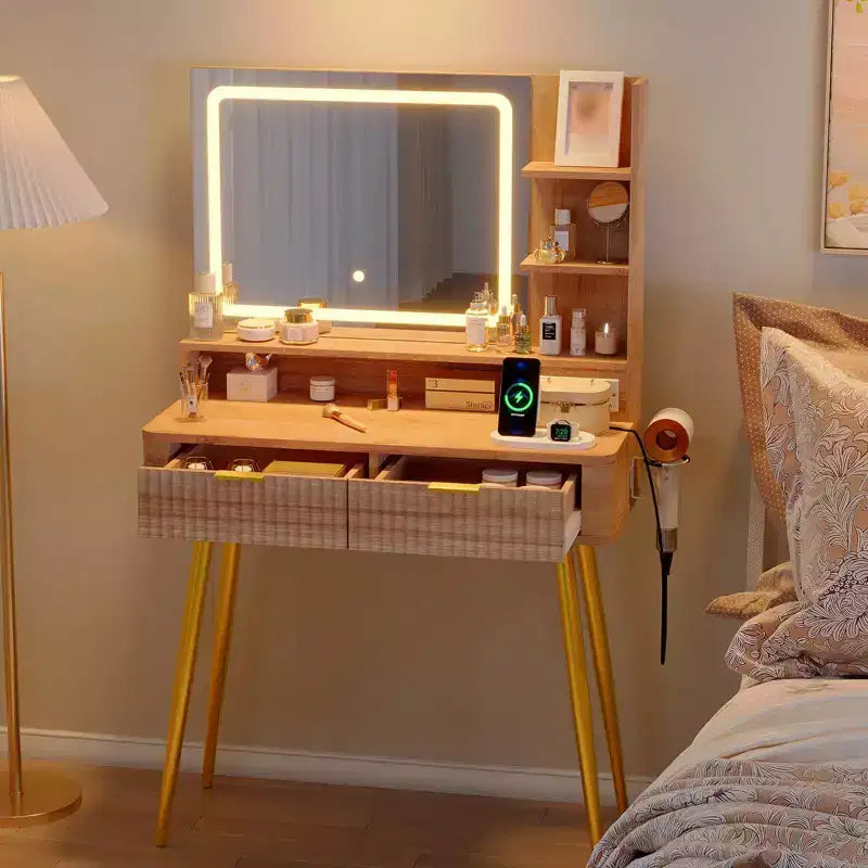 Coiffeuse avec miroir et lumières, table de maquillage en bois avec 2 tiroirs et station de charge, petite coiffeuse pour chambre à coucher, blanc