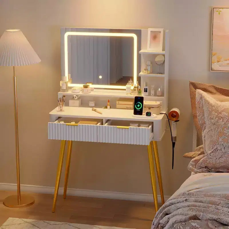 Coiffeuse avec miroir et lumières, table de maquillage en bois avec 2 tiroirs et station de charge, petite coiffeuse pour chambre à coucher, blanc