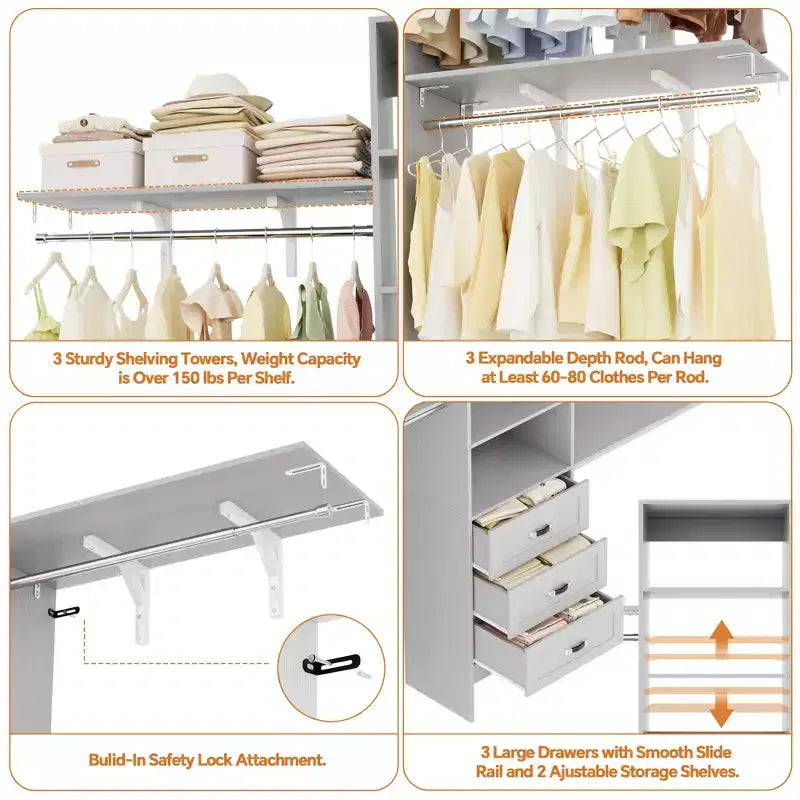 Besiost Ensemble de 2 organiseurs de dressing avec étagères et 6 tringles de suspension, système de dressing 116-192 avec tiroirs