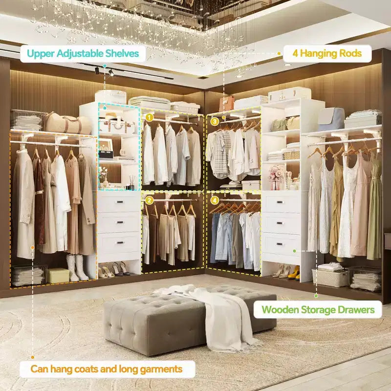 Besiost Ensemble de 2 organiseurs de dressing avec étagères et 6 tringles de suspension, système de dressing 116-192 avec tiroirs