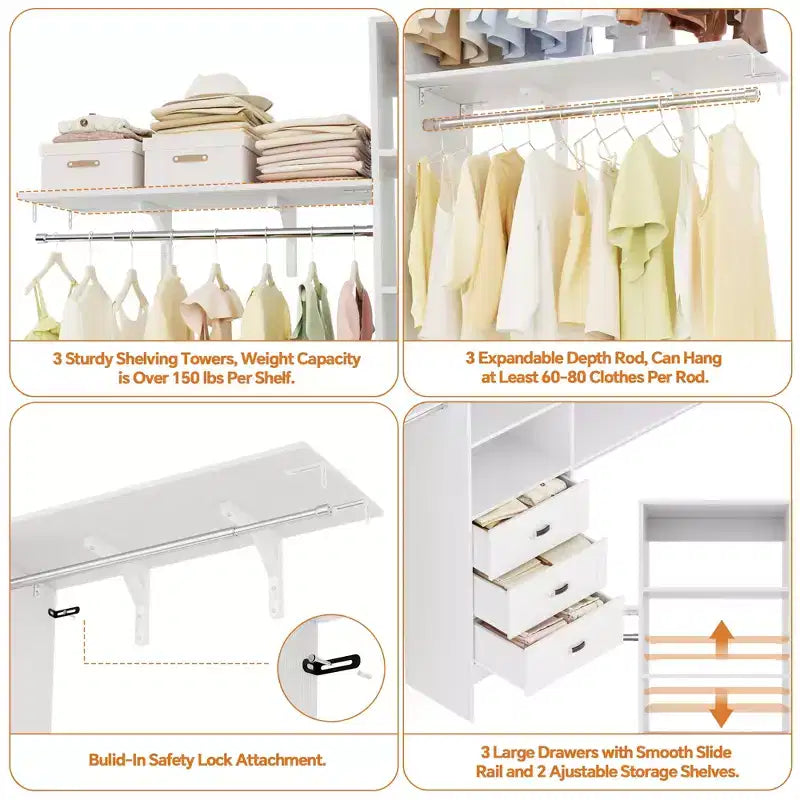 Besiost Ensemble de 2 organiseurs de dressing avec étagères et 6 tringles de suspension, système de dressing 116-192 avec tiroirs