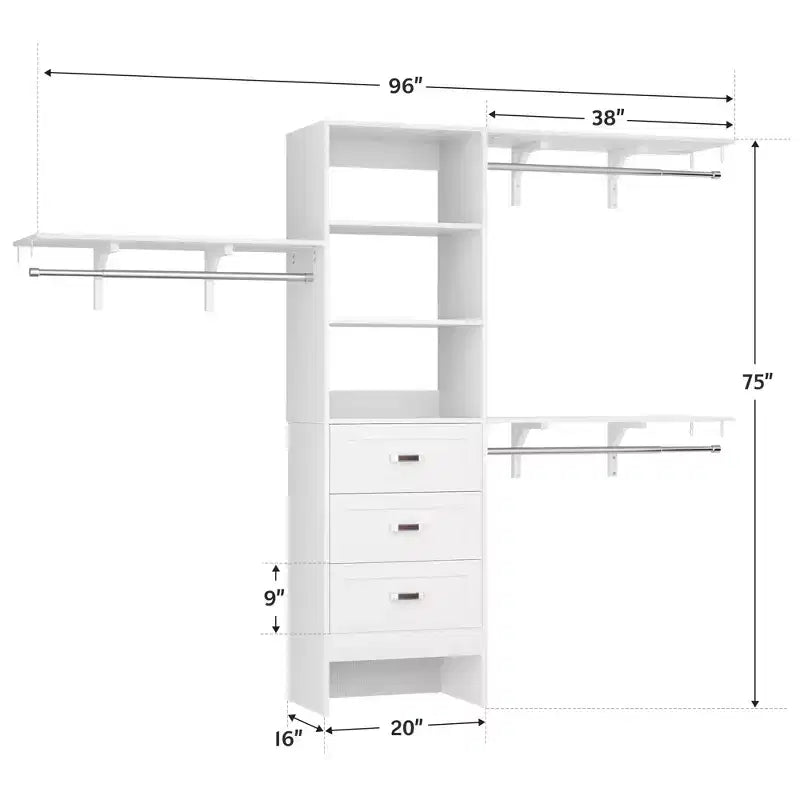 Besiost Ensemble de 2 organiseurs de dressing avec étagères et 6 tringles de suspension, système de dressing 116-192 avec tiroirs