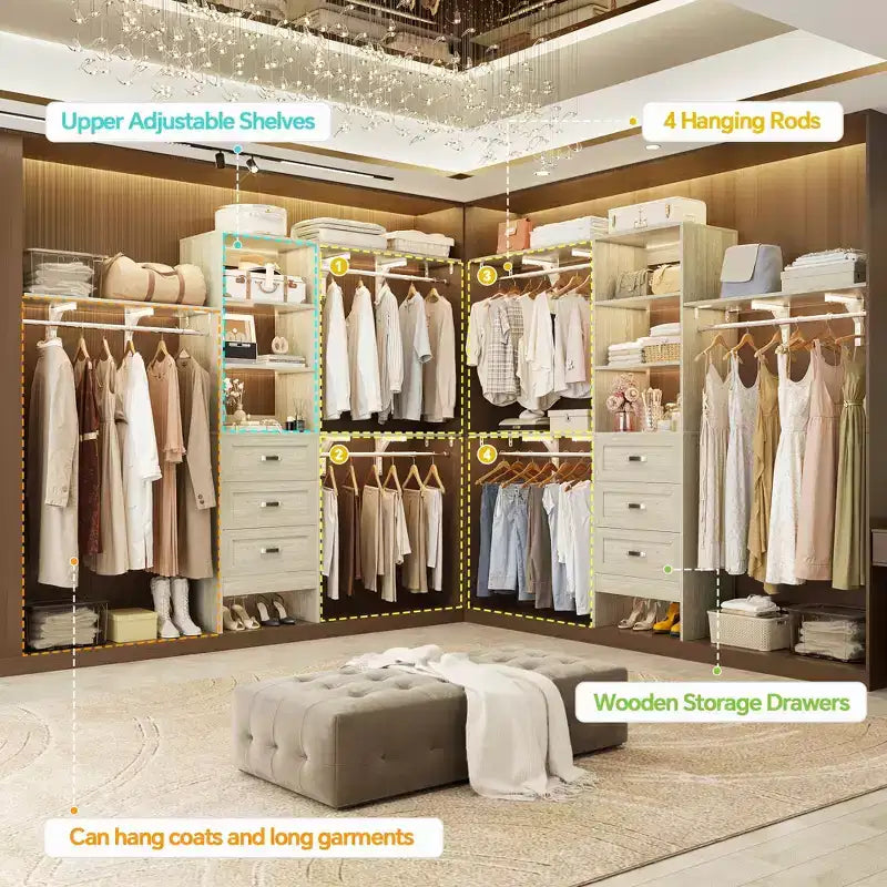 Besiost Ensemble de 2 organiseurs de dressing avec étagères et 6 tringles de suspension, système de dressing 116-192 avec tiroirs