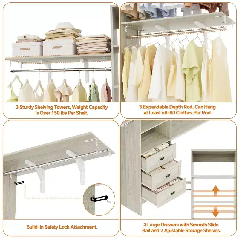 Besiost Ensemble de 2 organiseurs de dressing avec étagères et 6 tringles de suspension, système de dressing 116-192 avec tiroirs