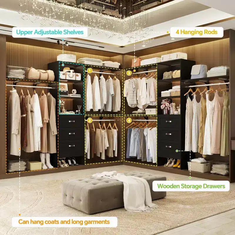 Besiost Ensemble de 2 organiseurs de dressing avec étagères et 6 tringles de suspension, système de dressing 116-192 avec tiroirs