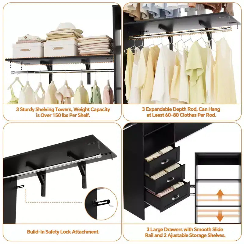 Besiost Ensemble de 2 organiseurs de dressing avec étagères et 6 tringles de suspension, système de dressing 116-192 avec tiroirs
