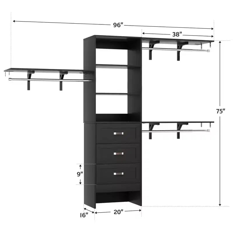 Besiost Ensemble de 2 organiseurs de dressing avec étagères et 6 tringles de suspension, système de dressing 116-192 avec tiroirs